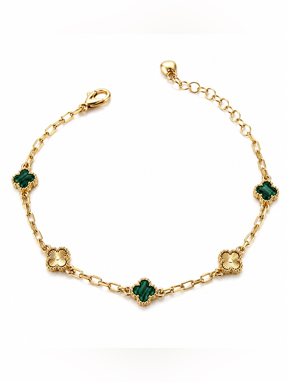 14K Gold Plated Rhodium Malachite Petite Clover Double Sided Adjustable Bracelet
